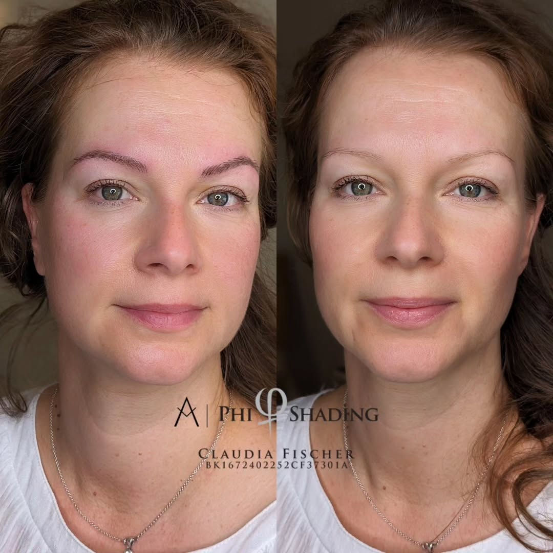 Vorher-Nachher-Bild einer Microblading-Behandlung für symmetrische Augenbrauen.